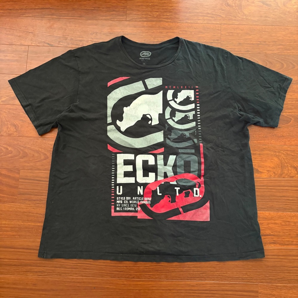 Y2K Ecko Unltd Mens Graphic T-Shirt Rhino Spellout Black Skater Streetwear 5XL